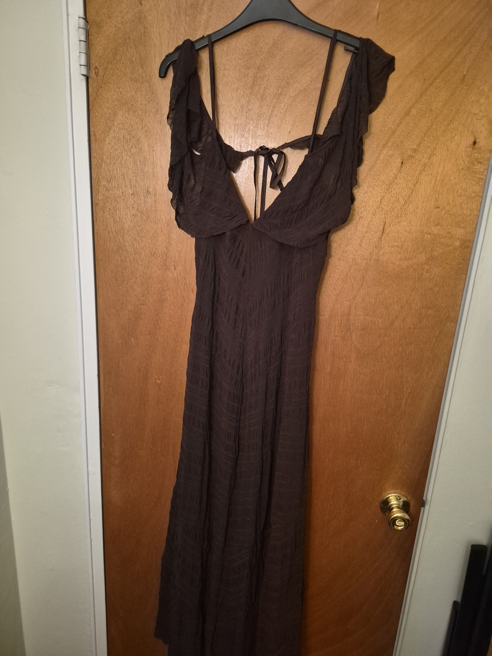 Zara Long Brown Crinkle Maxi Dress with Tie Back